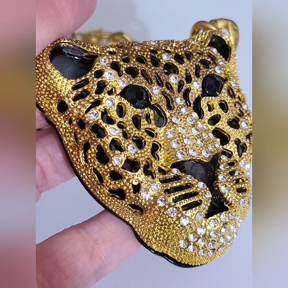 Leopard cheetah chunky chain necklace Rhinestones gold black enamel Rhianna - Picture 11 of 12